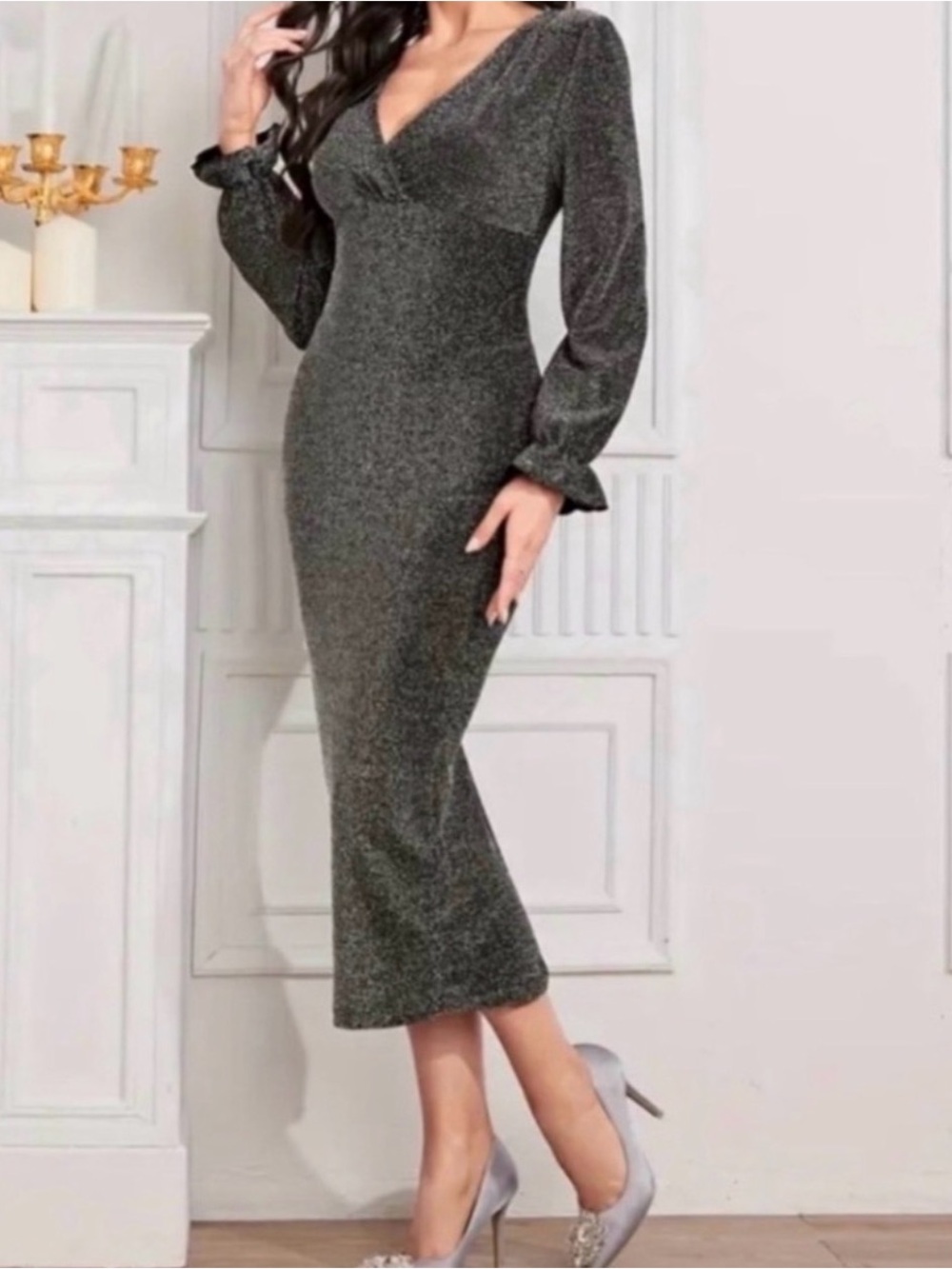 Elegant V-Neck Long Sleeve Midi Dress in Shimmery Dark Gray